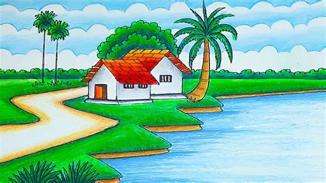 beautiful village drawing easy|Village Scenery Drawing, drawing landscape, easy drawing for.